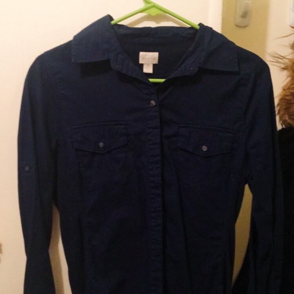 Navy blue button down shirt.